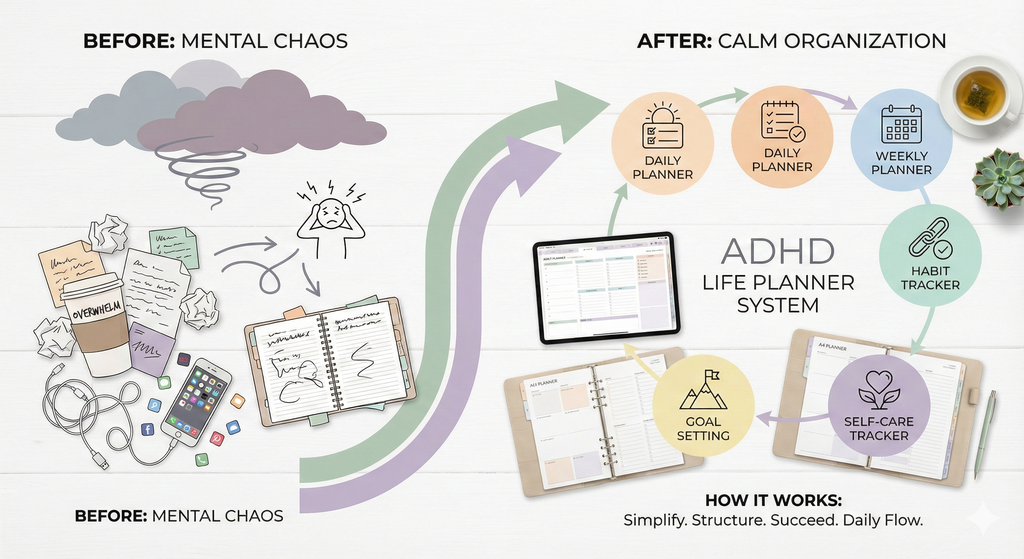 ADHD Life Planner 1000+ Pages & Calendar Bundle PDF